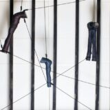 moving installation (detail) |  | ceramic, shoe polish, mirror, rope, wood  | 177 x 170 x 70 cm