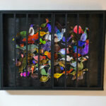 moving- Birds in Paradise | drawings collage, acrylic paint, wooden cage frame | 90 x 65 cm