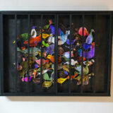 moving- Birds in Paradise | drawings collage, acrylic paint, wooden cage frame | 90 x 65 cm