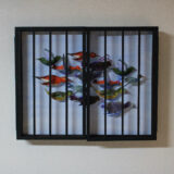 moving- Birds in Paradise | drawings collage, acylic paint, wooden cage frame | 60 x 40 cm | SOLD