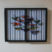 moving- Birds in Paradise | drawings collage, acylic paint, wooden cage frame | 60 x 40 cm | SOLD